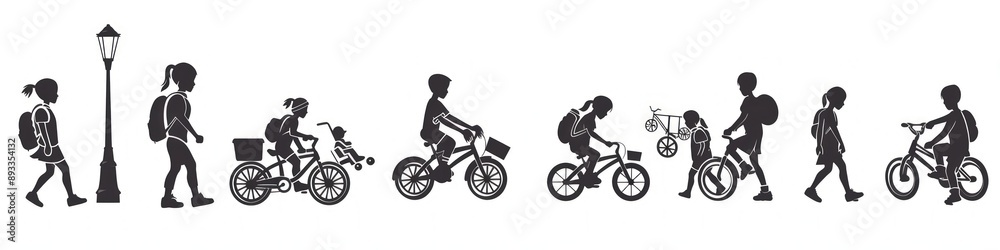 Fototapeta premium Elegant and stylish black icons for education, featuring students with bicycles on white.