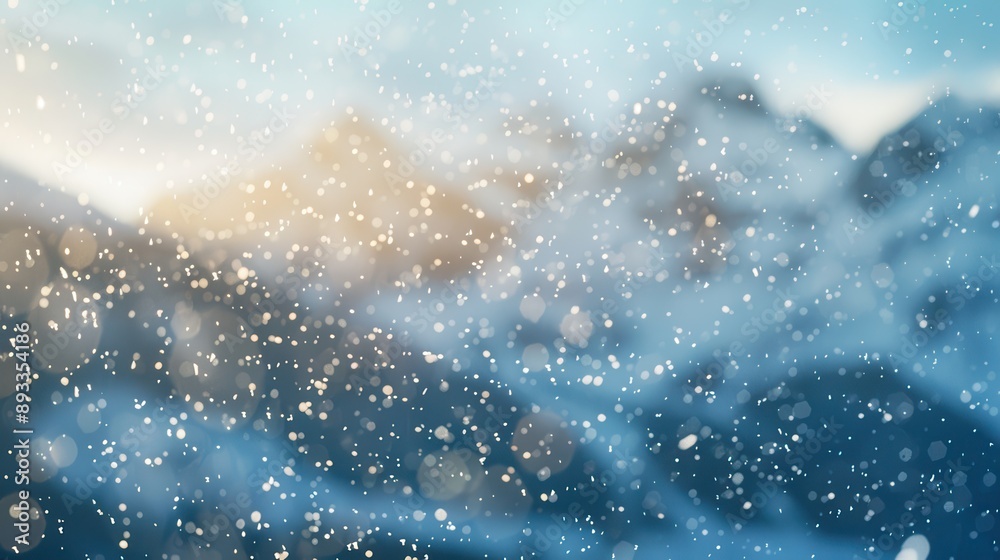 Obraz premium A close-up view of falling snow with a mountain range in the background