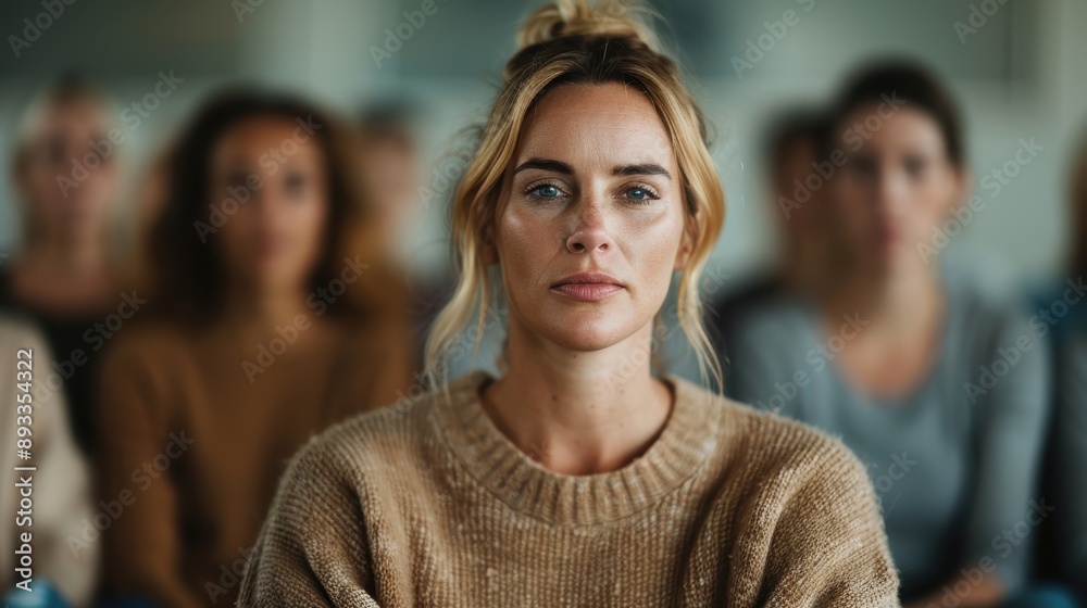 Image of a woman with blonde hair sitting among a blurred audience, wearing a brown sweater, focusing on a classroom or seminar setting, with blurred background. Image of a woman with blonde hair sitting among a blurred audience, wearing a brown sweater, focusing on a classroom or seminar setting, with blurred background.