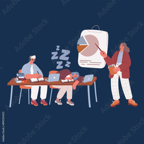 Cartoon vector illustration of High school principal meeting with student. Lecture over dark background