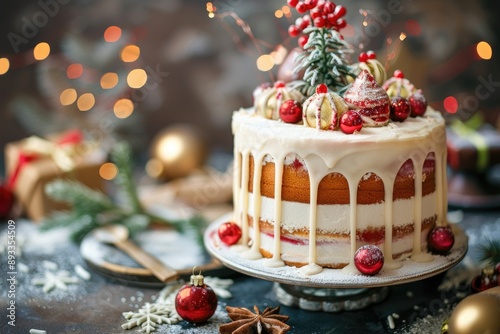 Festive Holiday Cake with Christmas Decorations and Seasonal Ornaments