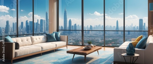 A spacious modern living room with stunning city skyline views, ideal for relaxation and sophisticated urban living.