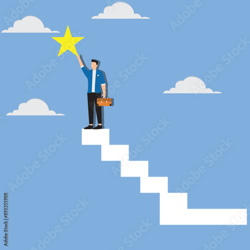 Businessman climbs the ladder to the top to win the star prize