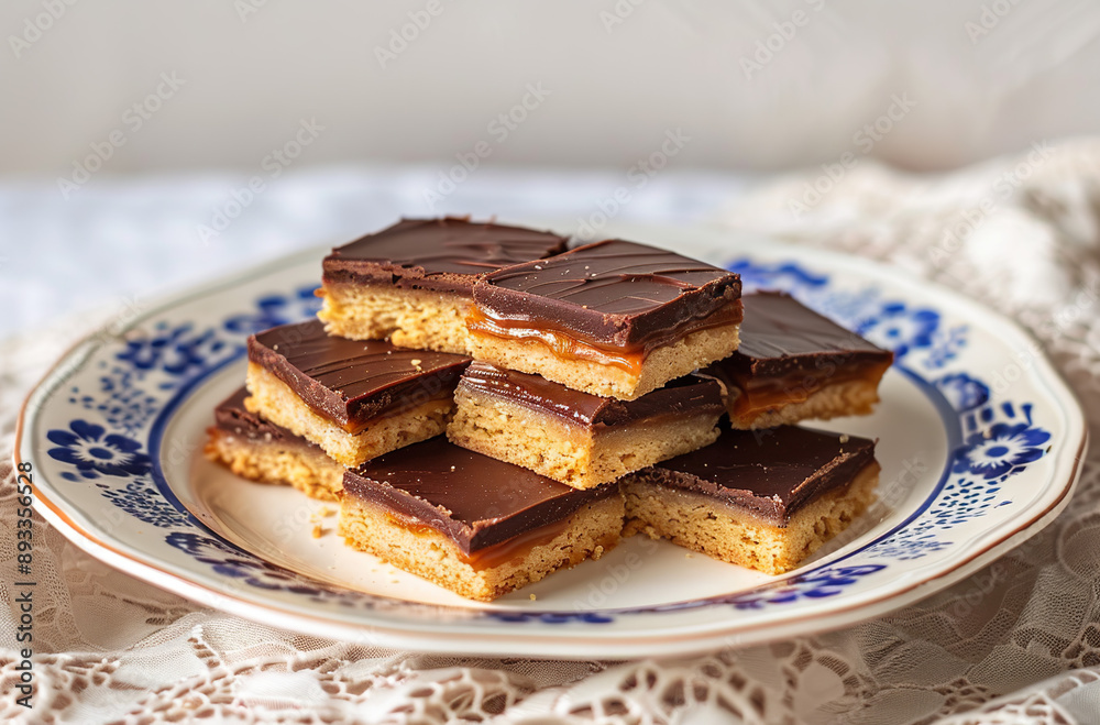 Stack of Dark Chocolate and Caramel Shortbread Slices on a Decorative Plate