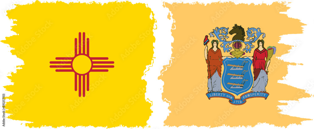 Obraz premium New Jersey and New Mexico states grunge brush flags connection, vector
