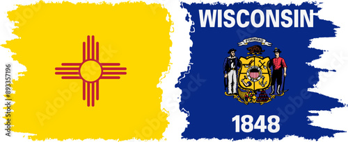 Wisconsin and New Mexico states grunge brush flags connection, vector