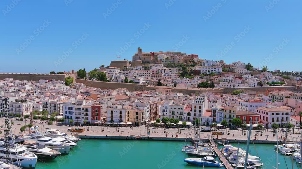 Ibiza Town, Spain: Aerial view of capital city of Ibiza island, Castle of Ibiza (Castell d'Eivissa or Almudaina) towering over Eivissa Harbour, summer day - landscape panorama of Europe from above
Ibiza Town, Spain: Aerial view of capital city of Ibiza island, Castle of Ibiza (Castell d'Eivissa or Almudaina) towering over Eivissa Harbour, summer day - landscape panorama of Europe from above