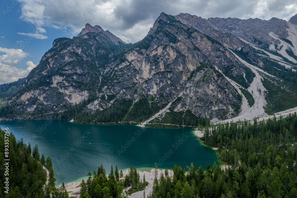 Fototapeta premium Aerial summer view of Pragser Wildsee (Lago di Braies), Dolomites mountain range, Italy