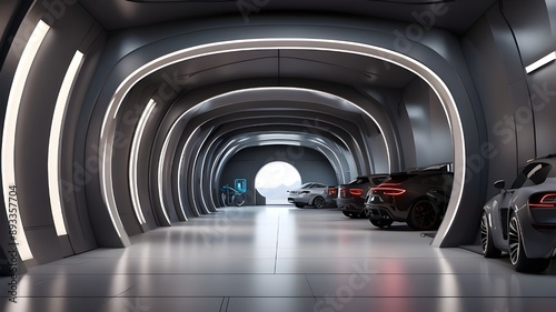 Tunnel Corridor for Dark Futuristic Modern Garage Showroom. 3D Illustration at the Entrance