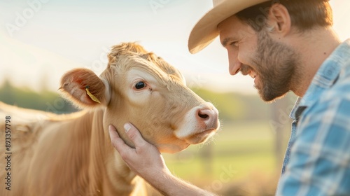 Close-up of a farmer checking the health of a premium beef cow.