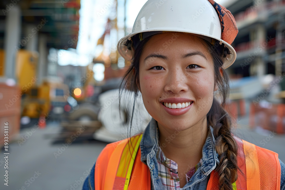 Portrait happy professional beautiful Asian woman industrial engineer,worker,technician with safety hardhat. Portrait happy professional beautiful Asian woman industrial engineer,worker,technician with safety hardhat.
