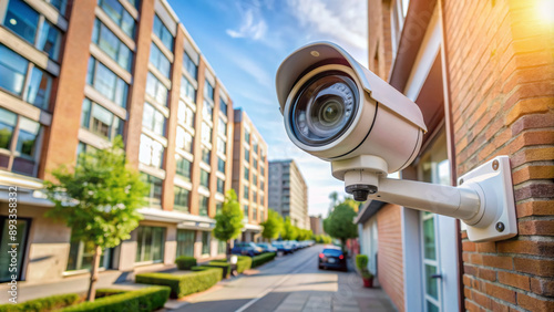 Close-up of a modern CCTV surveillance camera installed on a building in a city street for remote monitoring and online observation of home safety and security.
