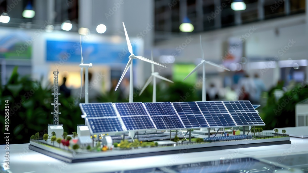 clean energy tech hub with solar panels and wind turbine models on ...