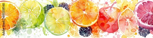 Vibrant Watercolor Summer Fruits Abstract Background: Juicy Citrus Medley for Healthy Living. Fresh Tropical Artwork Celebrating Seasonal Organic Produce, Perfect for Marketing Campaigns, Restaurant D photo