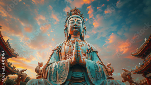 A statue of a Buddhist bodhisattva with a serene expression