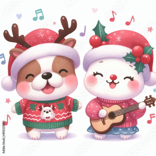 Adorable Christmas illustration featuring cute characters in festive sweaters singing and celebrating the holiday season.