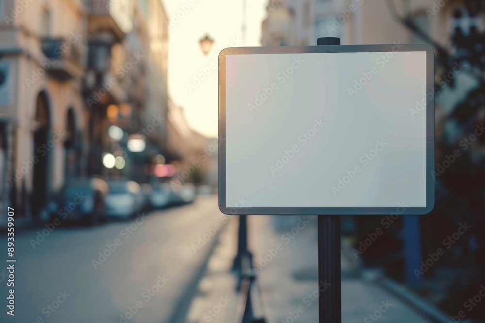 Blank White Street Sign Template on Black Metal Post Burred City Background Generative Illustration Blank White Street Sign Template on Black Metal Post Burred City Background Generative Illustration