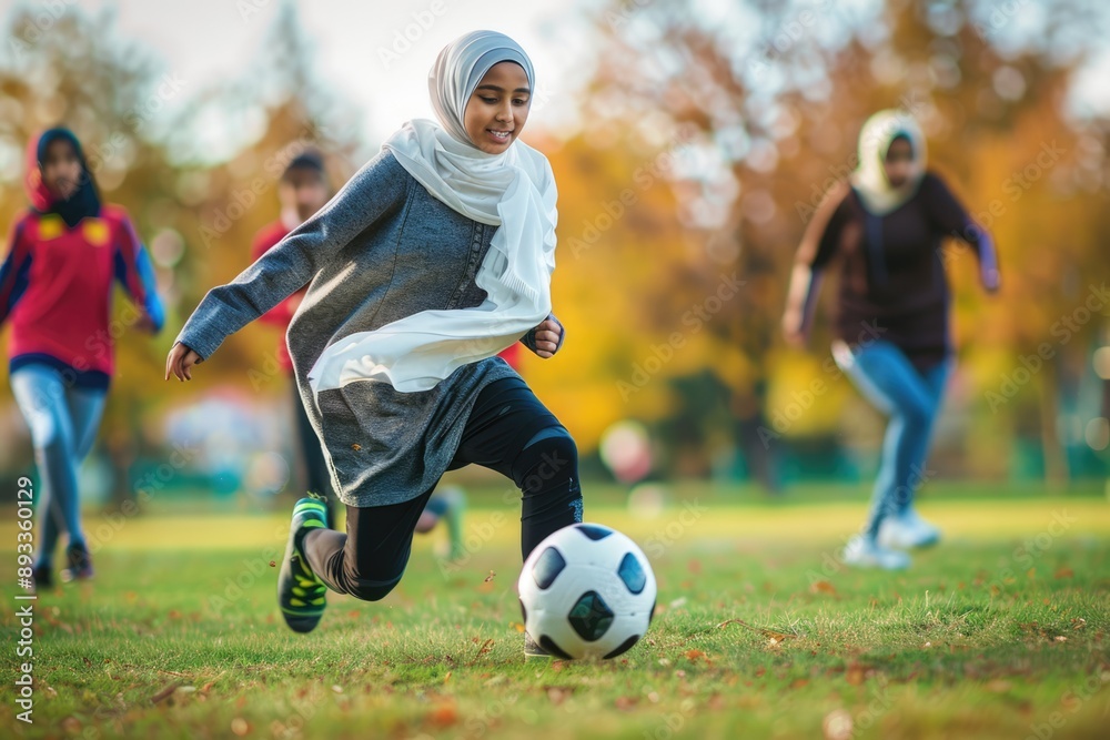 Muslim covered girl young woman running dribbling ball playing soccer with friends. Muslim covered girl young woman running dribbling ball playing soccer with friends.