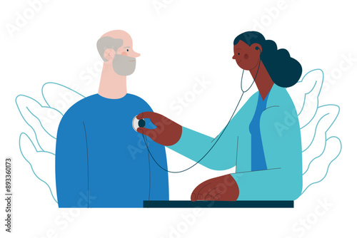 Cardiac Auscultation. Male Patient and Female Doctor Carrying Out Procedure in Medical Office or Laboratory. Stethoscope Examination Procedure. Modern Flat Vector Concept Illustration. Website Banner.