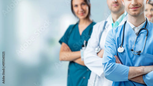 Medical team standing lined up in a hospital, team work and patient trust