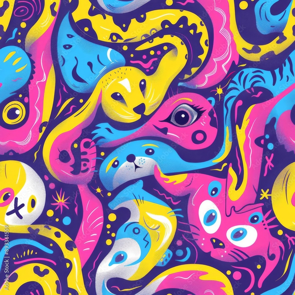 A few random animal faces forming a playful swirl, pastel lavender background, neon colors, bold and eyecatching A few random animal faces forming a playful swirl, pastel lavender background, neon colors, bold and eyecatching