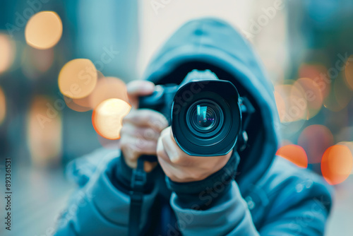 Photographer in a hoodie capturing the vibrant city lights with camera in hand, portraying the art and passion of urban photography. © HDP-STUDIO