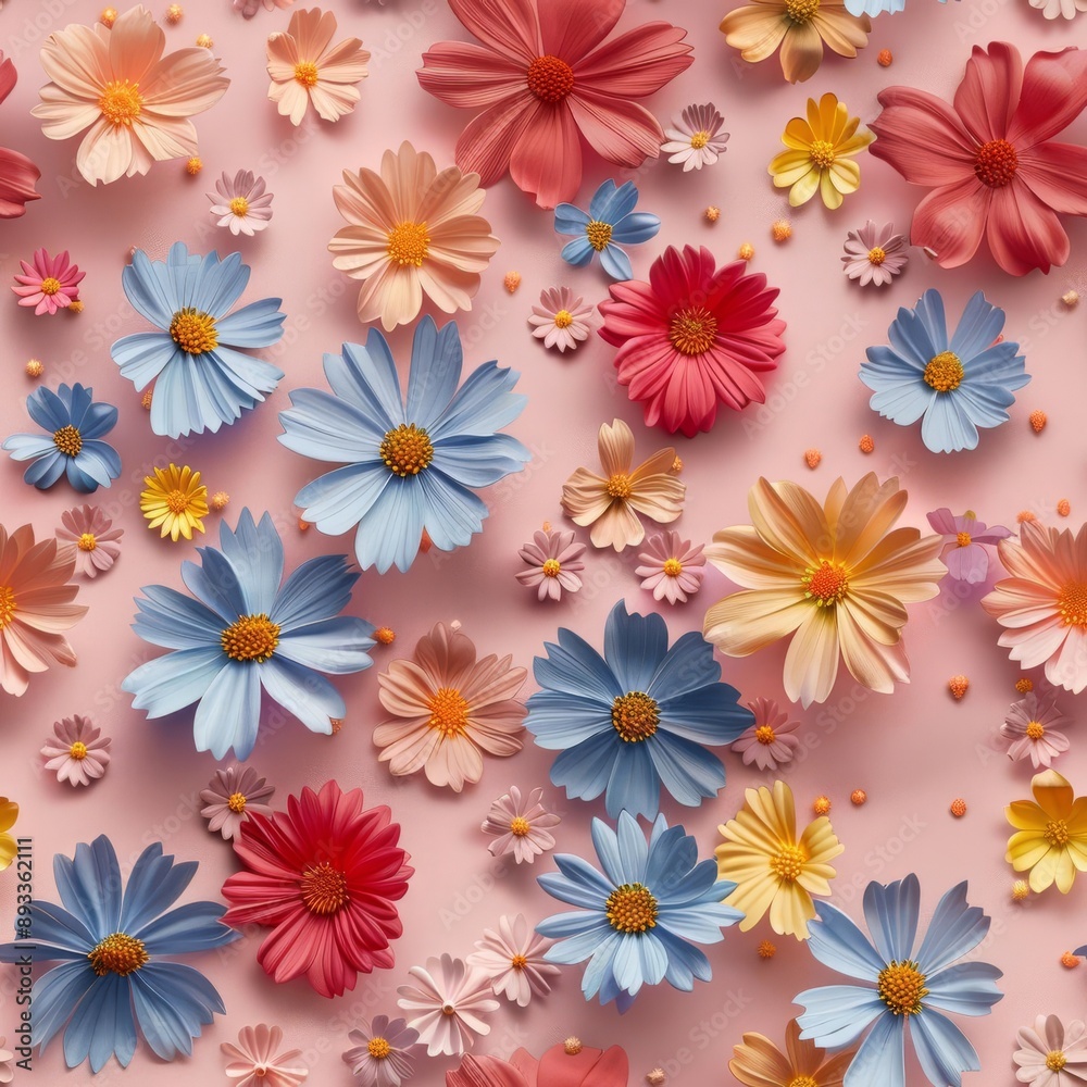 A few random flowers, evenly spaced on a pastel pink background, minimalistic magazine cover style, vibrant and fun, high resolution A few random flowers, evenly spaced on a pastel pink background, minimalistic magazine cover style, vibrant and fun, high resolution