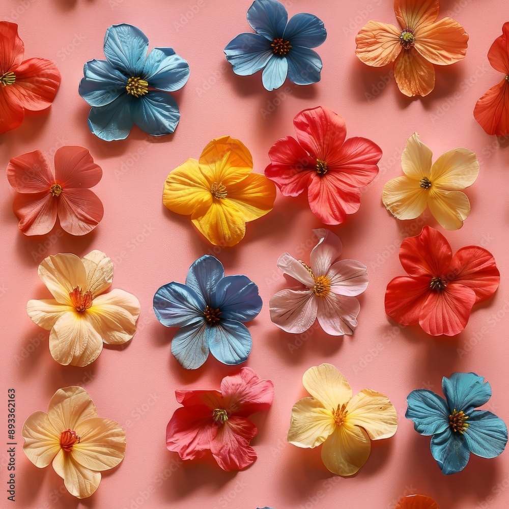 A few random flowers, evenly spaced on a pastel pink background, minimalistic magazine cover style, vibrant and fun, high resolution A few random flowers, evenly spaced on a pastel pink background, minimalistic magazine cover style, vibrant and fun, high resolution