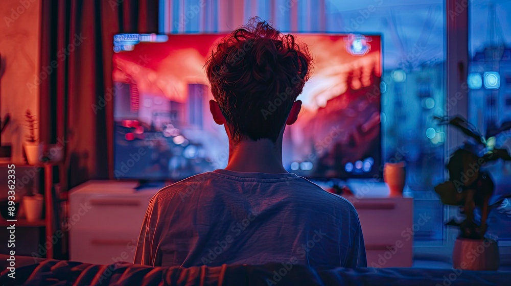 Obraz premium A Gen Z gamer intensely playing a video game on a large screen monitor