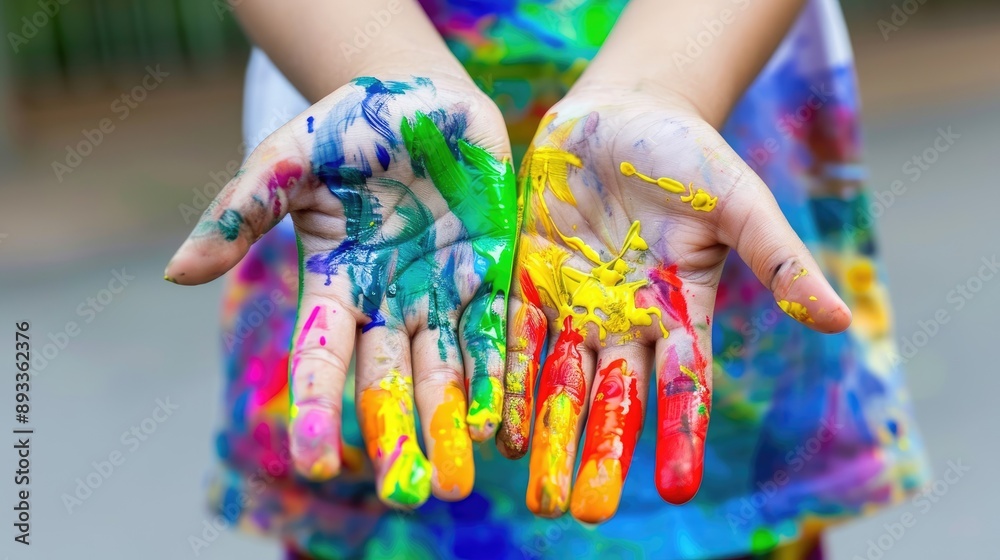 Child's hands covered in colorful paint, showcasing creativity and learning in an educational setting. Child's hands covered in colorful paint, showcasing creativity and learning in an educational setting.