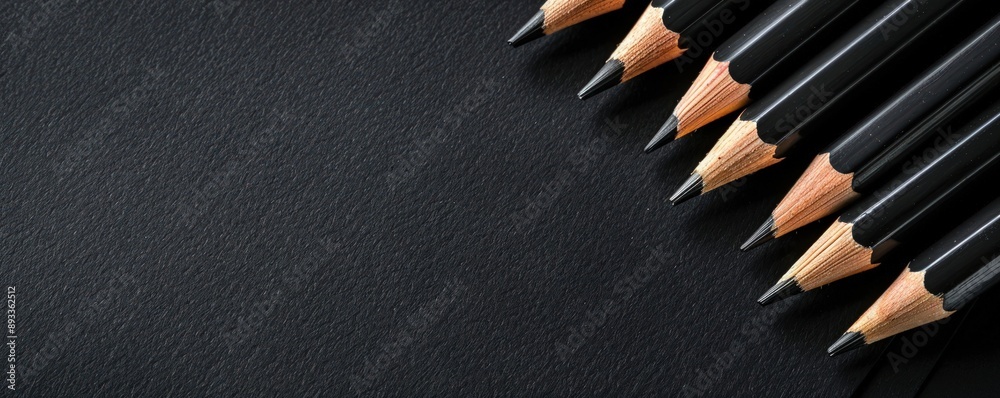 Top view black pencils on paper, office/school concept, ample copy space.