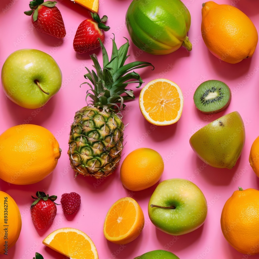 A few random fruits, evenly spaced on a pastel pink background, minimalistic magazine cover style, vibrant and fun, high resolution
