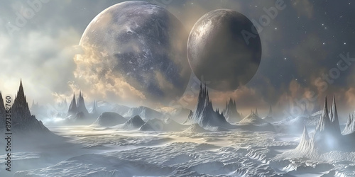 Futuristic landscape with nature and moons