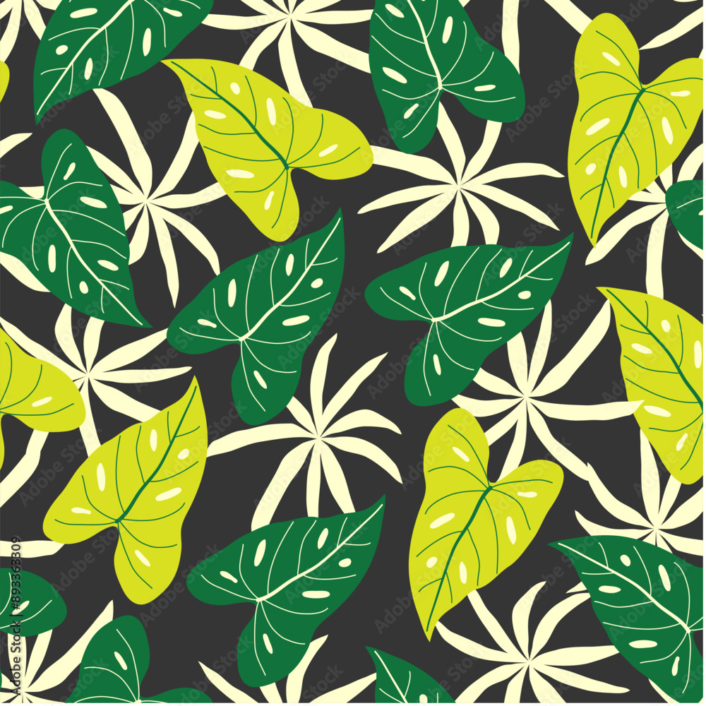 Abstract seamless tropical pattern with bright plants and leaves on a dark background. Seamless pattern with colorful leaves and plants. Beautiful exotic plants. Abstract seamless tropical pattern with bright plants and leaves on a dark background. Seamless pattern with colorful leaves and plants. Beautiful exotic plants.