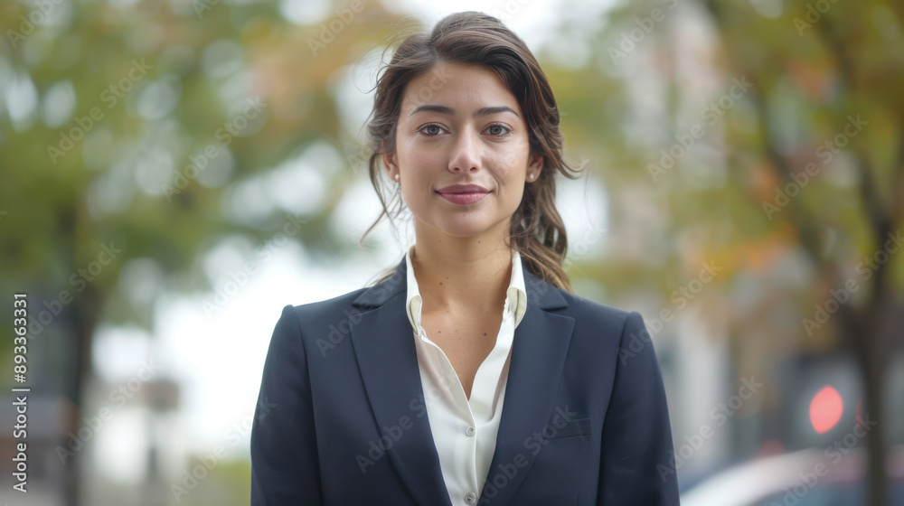 A female sales representative in a formal suit standing outside, looking confidently at the camera, with room for copy on the left side. A female sales representative in a formal suit standing outside, looking confidently at the camera, with room for copy on the left side.