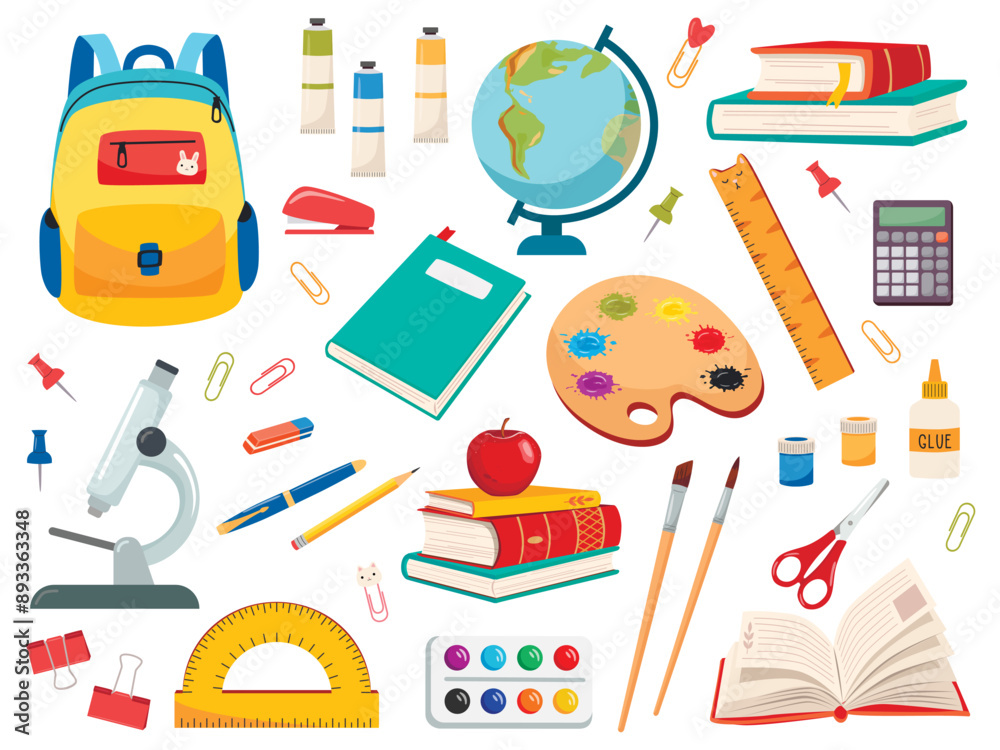Set of school supplies: globe, paints, backpack, microscope, pencils, brushes, ruler, scissors, calculator, books, glue. Back to school concept. Color vector illustration Set of school supplies: globe, paints, backpack, microscope, pencils, brushes, ruler, scissors, calculator, books, glue. Back to school concept. Color vector illustration