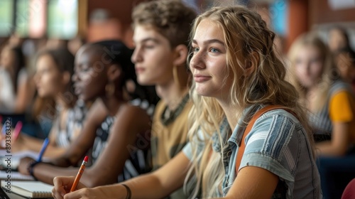 A diverse group of Generation Z students taking notes during a lecture in a university hall