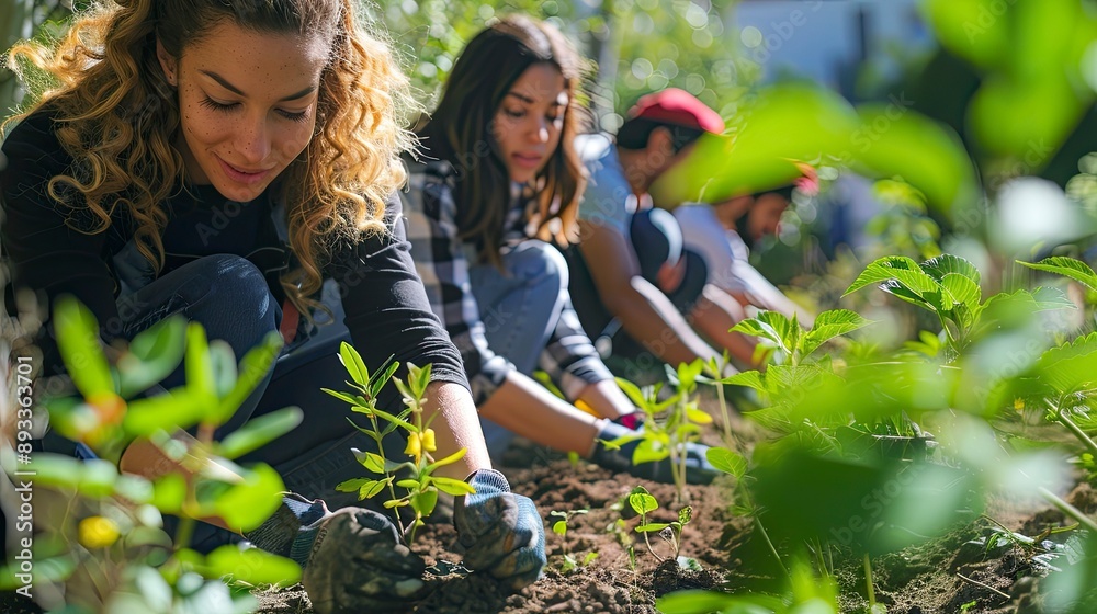 A group of Gen Z activists planting trees in a community garden for sustainability A group of Gen Z activists planting trees in a community garden for sustainability