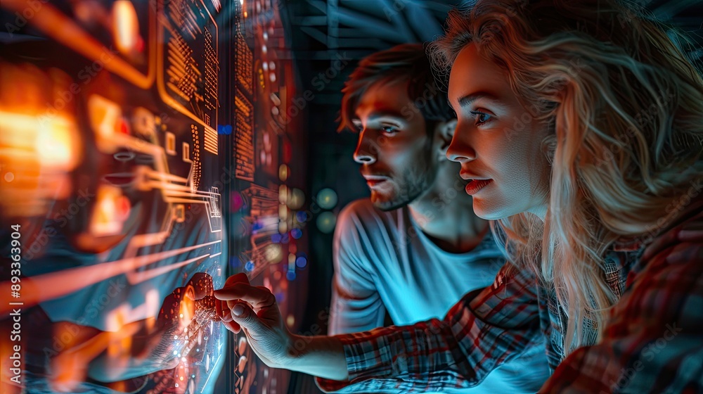 Fototapeta premium A Gen Z couple exploring a futuristic museum exhibit with interactive displays