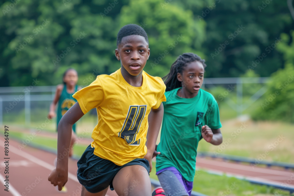 Young Athletes Running During a Daytime Track Event Young Athletes Running During a Daytime Track Event