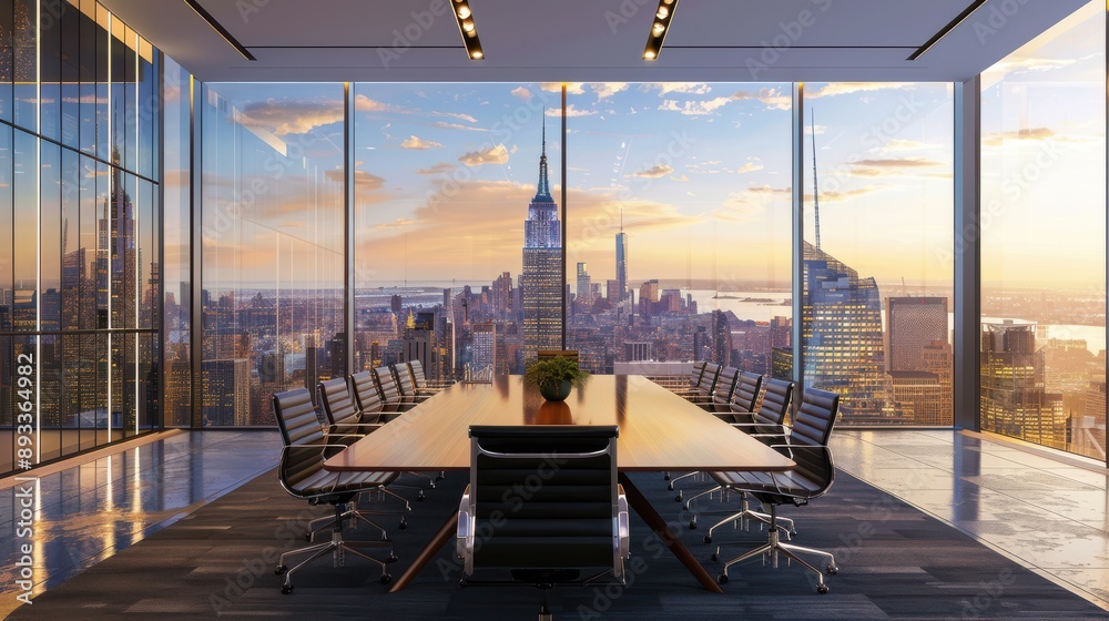 Fototapeta premium A conference room with large windows overlooking a metropolitan skyline where business leaders from different countries are engaged in a strategic planning session