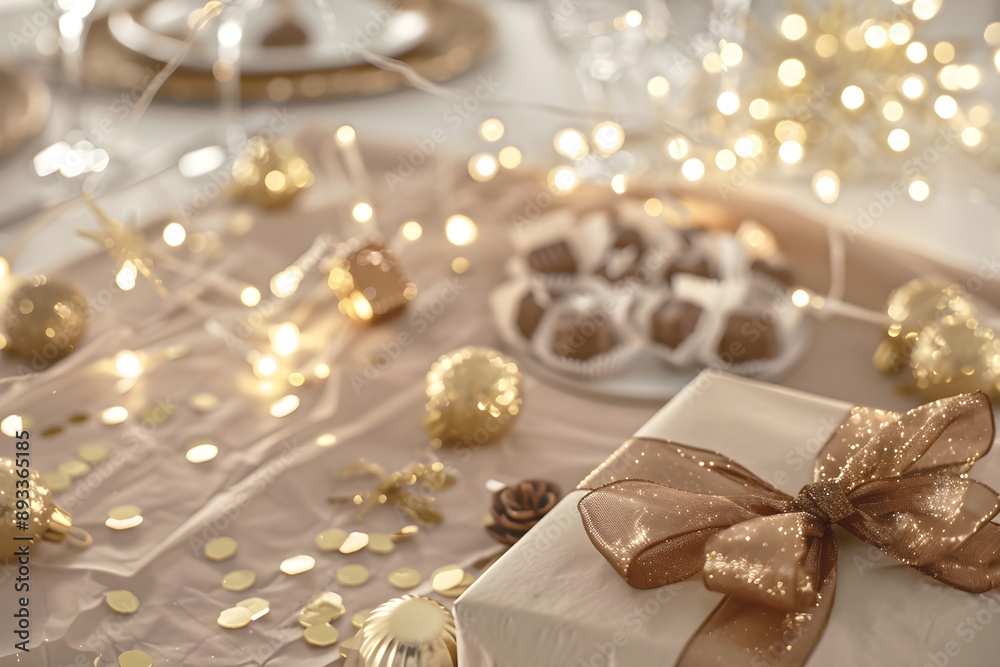 Elegant christmas table setting with wrapped gift, golden decorations, and fairy lights Elegant christmas table setting with wrapped gift, golden decorations, and fairy lights