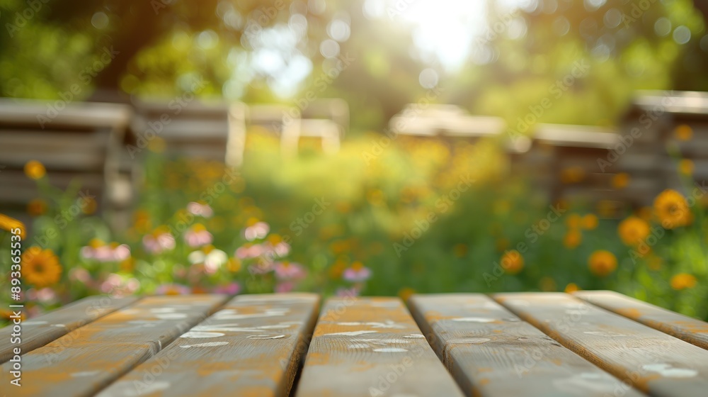 close up of rustic empty wooden table with blurred beehive background close up of rustic empty wooden table with blurred beehive background
