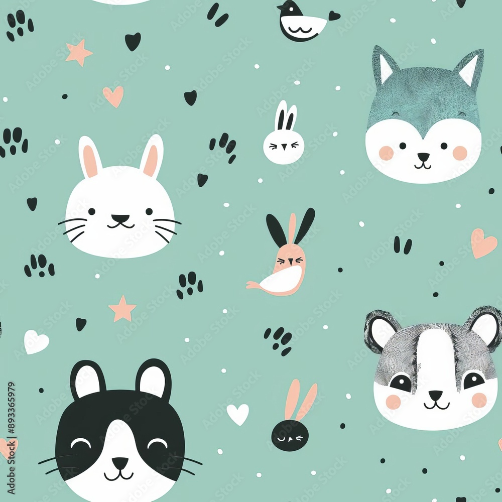 Animal faces in a scattered, minimalistic pattern, pastel mint background, sketch style, delicate and artistic Animal faces in a scattered, minimalistic pattern, pastel mint background, sketch style, delicate and artistic
