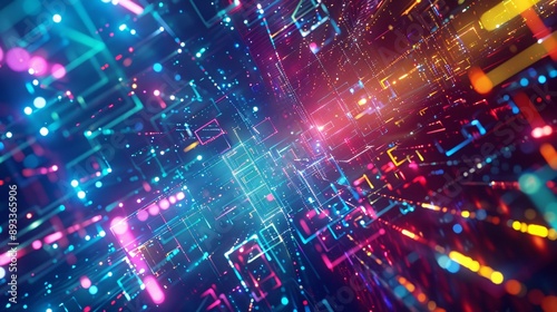 A vibrant digital abstract 3D background with geometric shapes and neon colors, representing the flow of data and connectivity, capturing the essence of innovation and modern technology