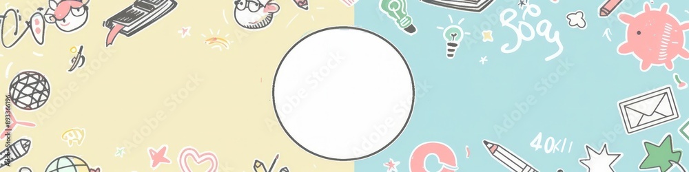 Pastel background vector with doodles of school icons around a central blank circle. Pastel background vector with doodles of school icons around a central blank circle.