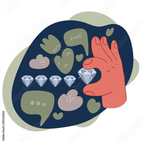 Cartoon vector illustration of Hand holding diamond over dark background