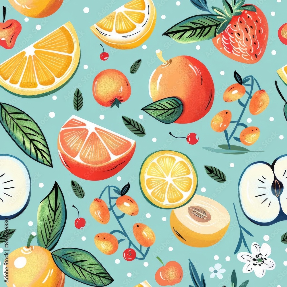 Fruits in a minimalistic pattern, pastel mint background, sketch style, delicate and artistic