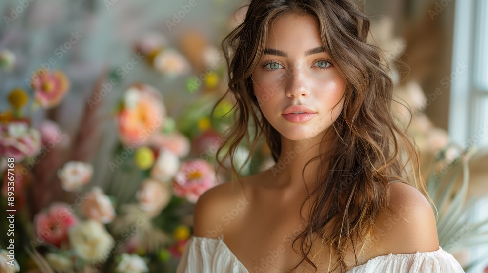 Young Woman With Brown Hair and Blue Eyes Posing in Front of Floral Arrangement Young Woman With Brown Hair and Blue Eyes Posing in Front of Floral Arrangement