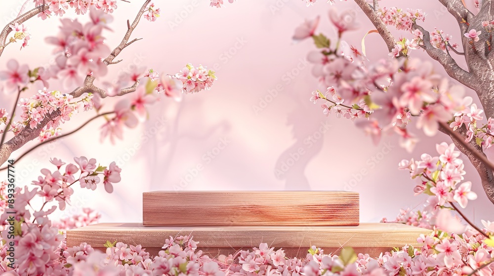 A modern rectangular wooden podium set against a soft pink background with delicate cherry blossoms. The setup is ideal for cosmetic or product displays, emphasizing elegance and ... See More A modern rectangular wooden podium set against a soft pink background with delicate cherry blossoms. The setup is ideal for cosmetic or product displays, emphasizing elegance and ... See More